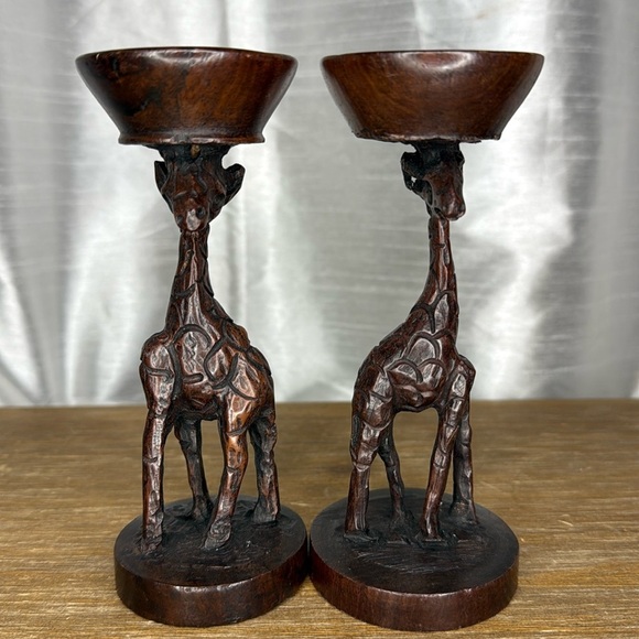Vintage Art Deco Wooden Giraffe 6” Candle Holder Hand Carved Dark Wood Set of 2 - Picture 1 of 10